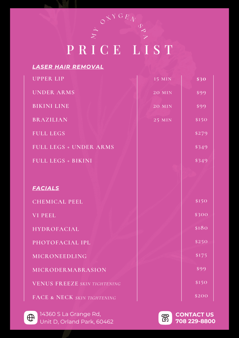 Menu & Price List of My Oxygen Spa in Orland Park IL Menu & Price List of My Oxygen Spa in Orland Park IL