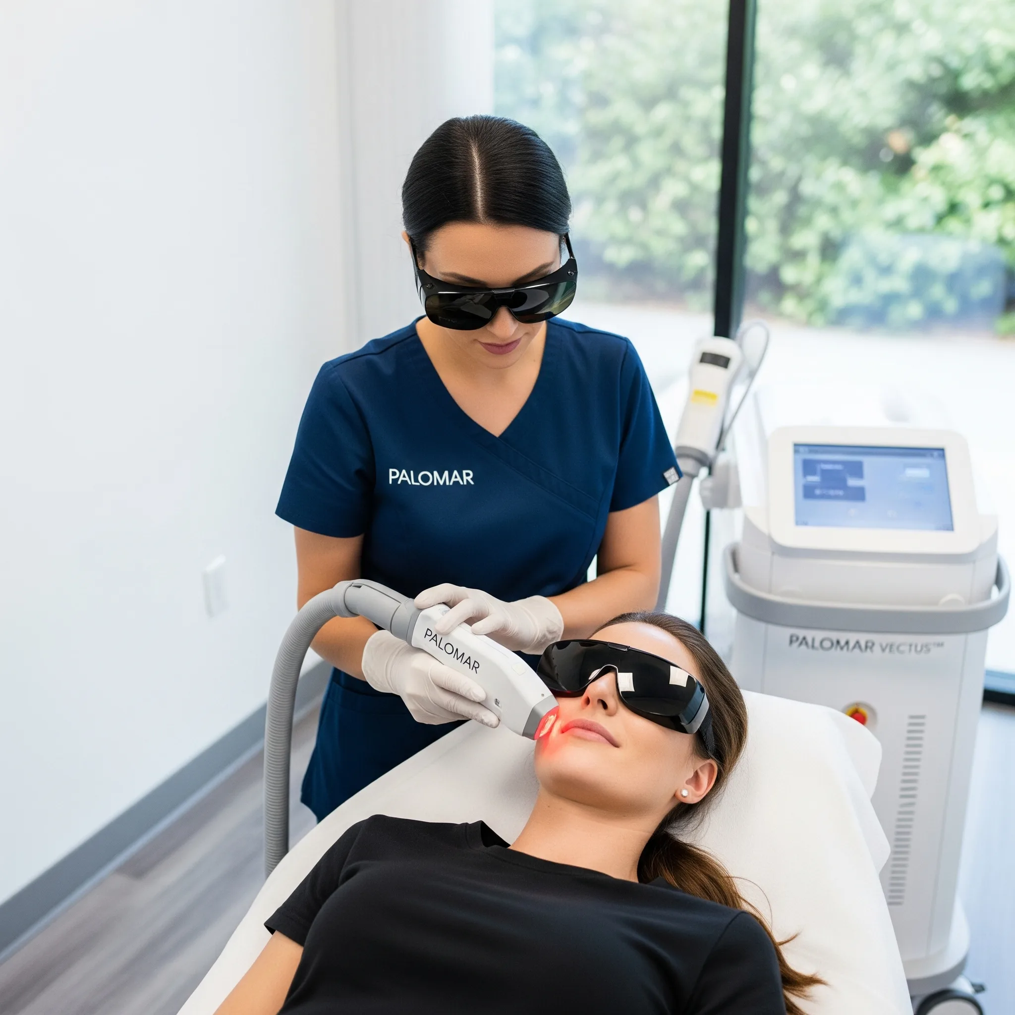 Technician performing professional laser hair removal treatment