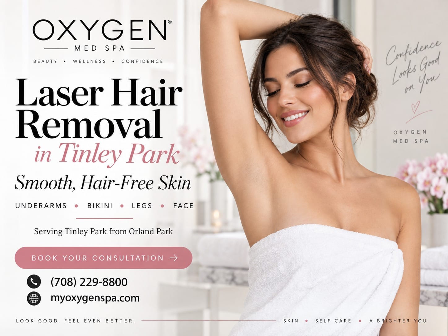 Laser hair removal in Tinley Park at Oxygen Med Spa — smiling woman with smooth, hair-free underarms wrapped in a towel in a bright spa