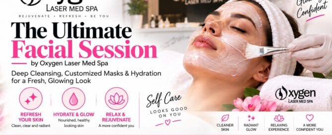 Alt text: Facial session guide banner for Oxygen Med Spa in Orland Park showing an esthetician applying a facial mask, with deep cleansing, customized masks and hydration highlights, address 14360 South La Grange Rd Unit-D and phone (708) 229-8800