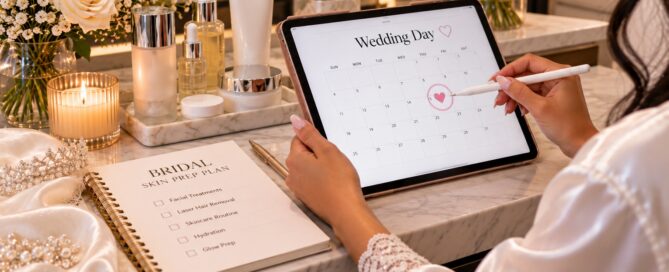 Bride marking her wedding day on a calendar next to a Bridal Skin Prep Plan checklist