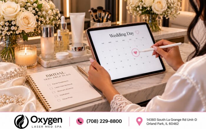 Bride marking her wedding day on a calendar next to a Bridal Skin Prep Plan checklist