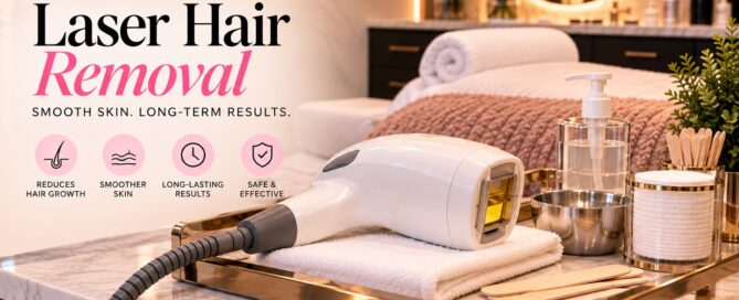 Laser hair removal device on a treatment tray at Oxygen Med Spa in Orland Park, with 'Smooth Skin, Long-Term Results' messaging