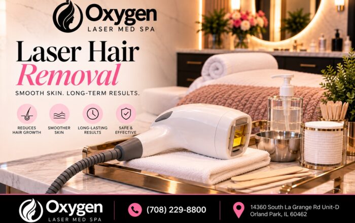 Laser hair removal device on a treatment tray at Oxygen Med Spa in Orland Park, with 'Smooth Skin, Long-Term Results' messaging