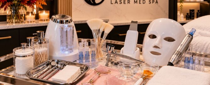 Facial treatment tools and equipment displayed on a cart at Oxygen Med Spa in Orland Park