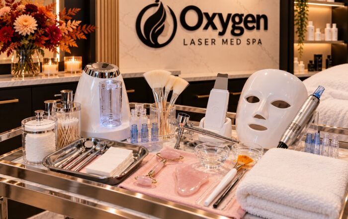 Facial treatment tools and equipment displayed on a cart at Oxygen Med Spa in Orland Park