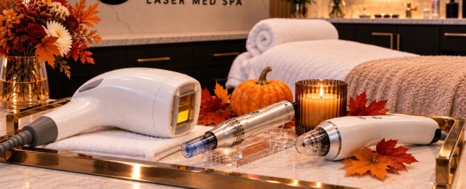 Fall-themed skincare device display for chemical peel and CO2 resurfacing treatments at Oxygen Med Spa in Orland Park