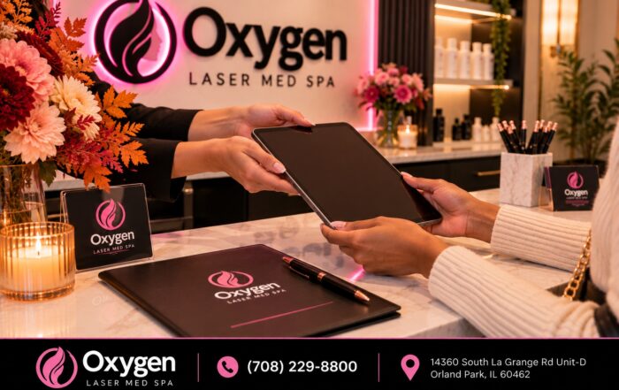 New client intake at the Oxygen Med Spa front desk in Orland Park