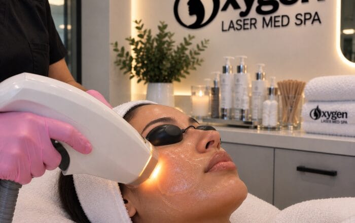 PL photo facial treatment being performed on a client's cheek at Oxygen Med Spa in Orland Park