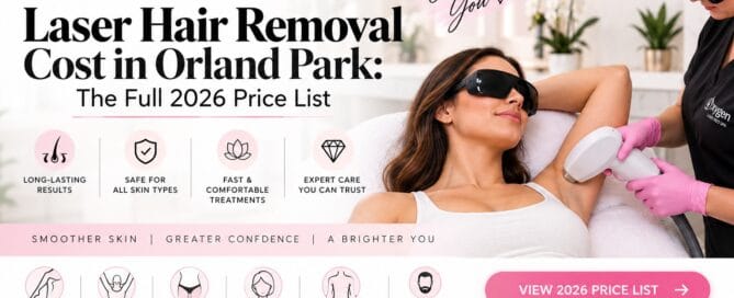 Laser hair removal cost in Orland Park 2026 price list by Oxygen Laser Med Spa — client receiving an underarm laser treatment, with legs, underarms, bikini, face, back and chest, and men's treatment icons