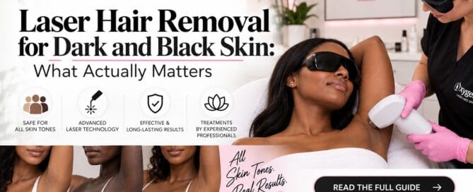 Laser hair removal for dark and black skin at Oxygen Laser Med Spa in Orland Park — client with deeper skin tone receiving an underarm laser treatment, with three skin-tone examples