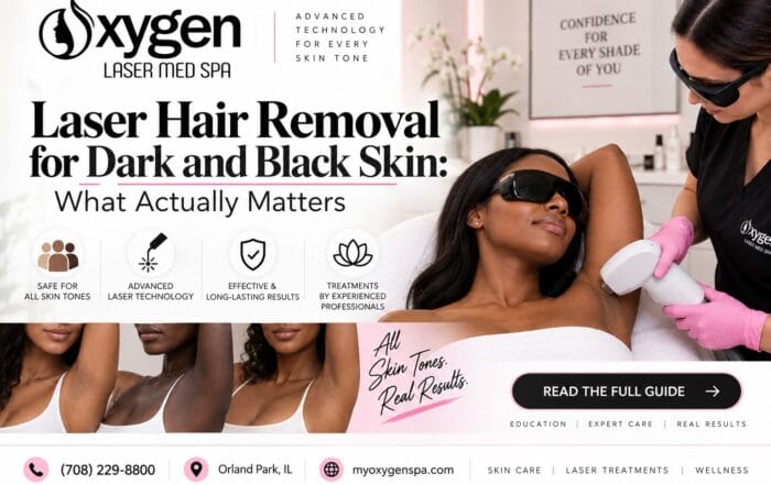Laser hair removal for dark and black skin at Oxygen Laser Med Spa in Orland Park — client with deeper skin tone receiving an underarm laser treatment, with three skin-tone examples