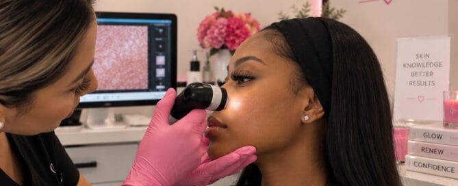 Skin analysis consultation at Oxygen Med Spa in Orland Park, examining skin discoloration with a magnifying device