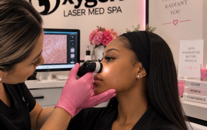 Skin analysis consultation at Oxygen Med Spa in Orland Park, examining skin discoloration with a magnifying device