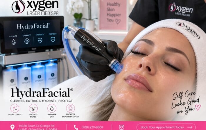 HydraFacial treatment at Oxygen Laser Med Spa in Orland Park, showing a facial device applying hydrating serum to a client’s cheek.