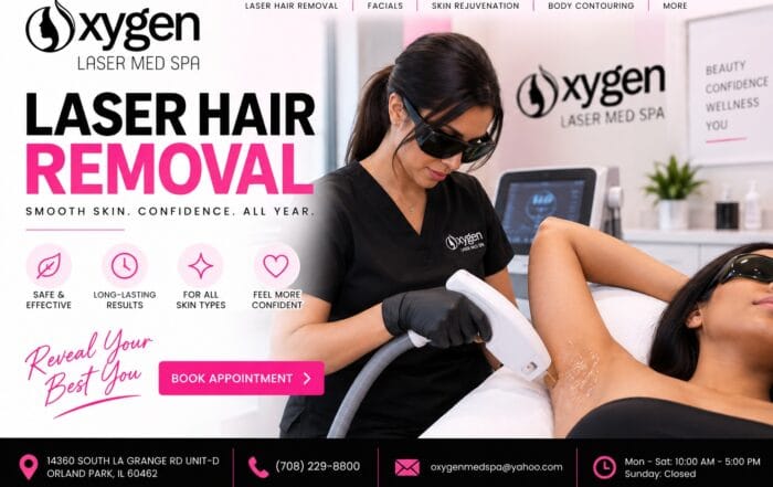 Oxygen Laser Med Spa graphic featuring a technician performing an underarm laser hair removal treatment on a client in a modern Orland Park med spa.