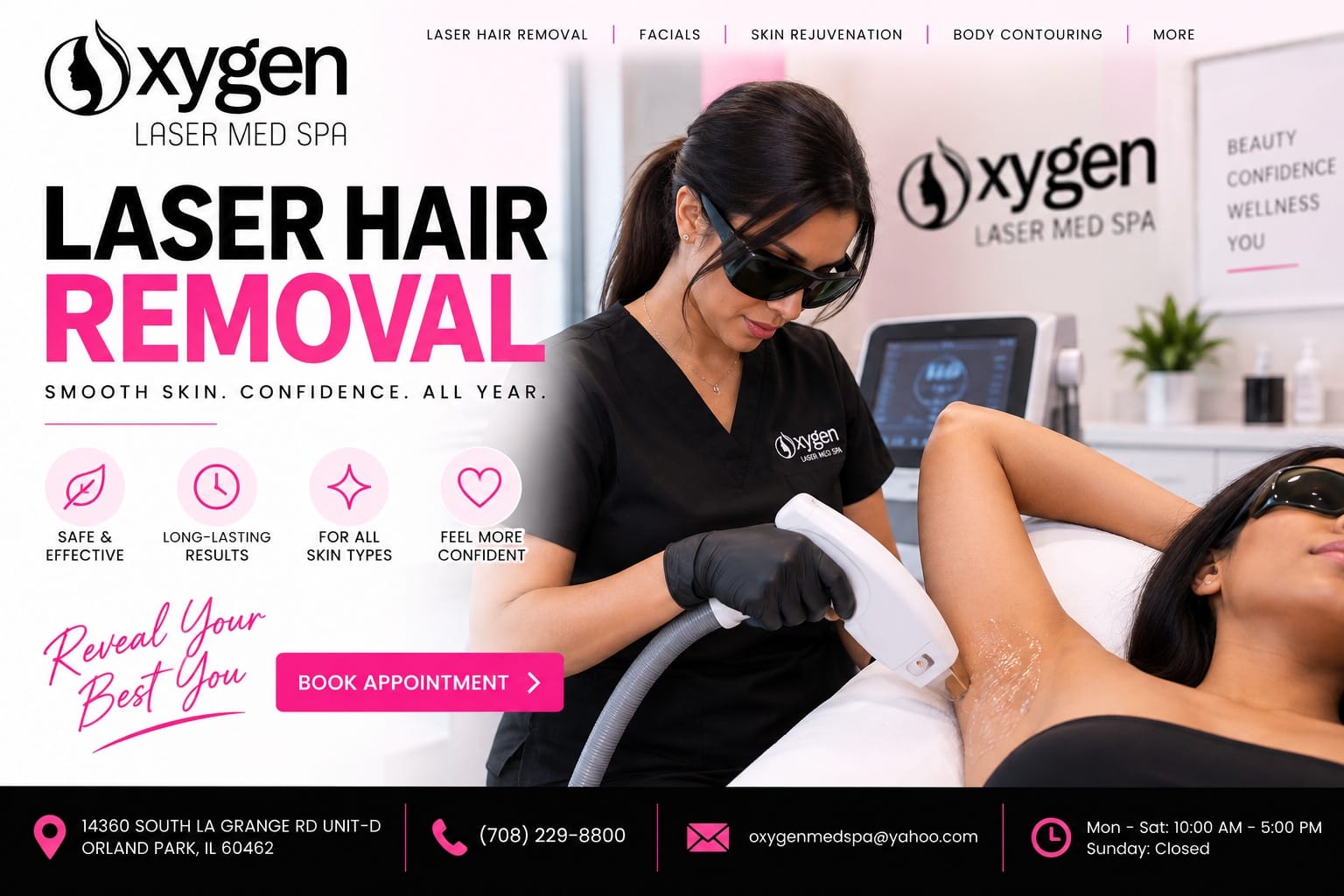 Oxygen Laser Med Spa graphic featuring a technician performing an underarm laser hair removal treatment on a client in a modern Orland Park med spa.