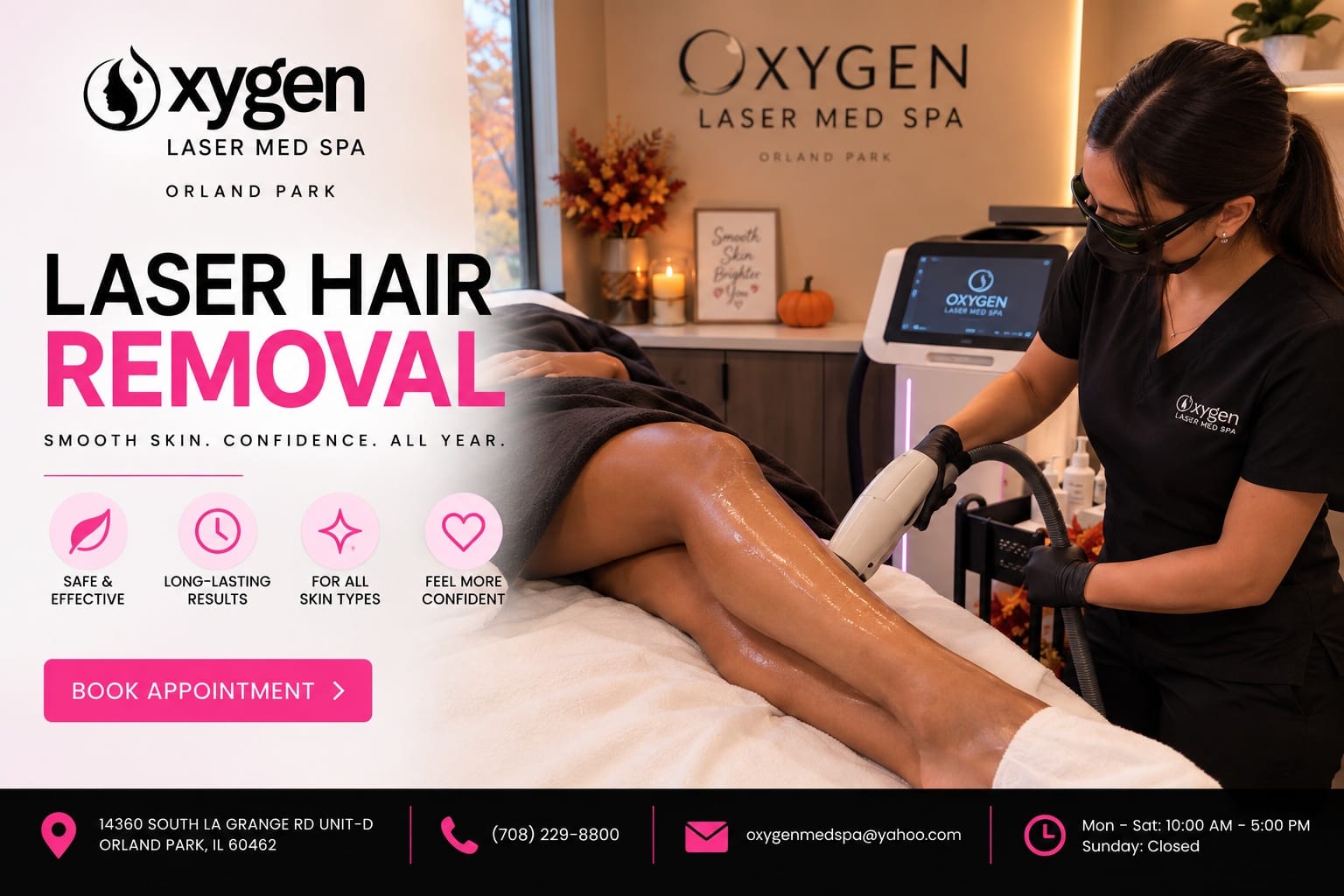 Oxygen Laser Med Spa graphic featuring a technician performing laser hair removal on a client’s legs in a professional Orland Park med spa treatment room.