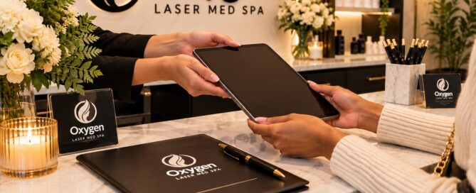 New client intake at the Oxygen Med Spa front desk in Orland Park