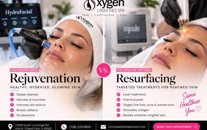 Oxygen Med Spa graphic comparing skin rejuvenation and skin resurfacing treatments in a spa setting