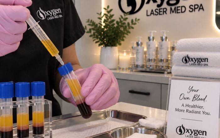 PRP preparation at Oxygen Med Spa in Orland Park, showing separated plasma vials and a syringe drawn from the client's own blood