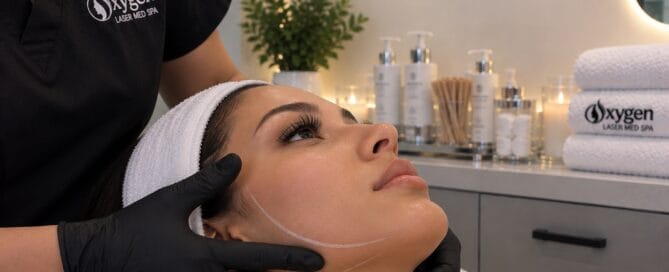 Skin tightening treatment assessment at Oxygen Med Spa, showing lift lines marked on a client's jawline and neck