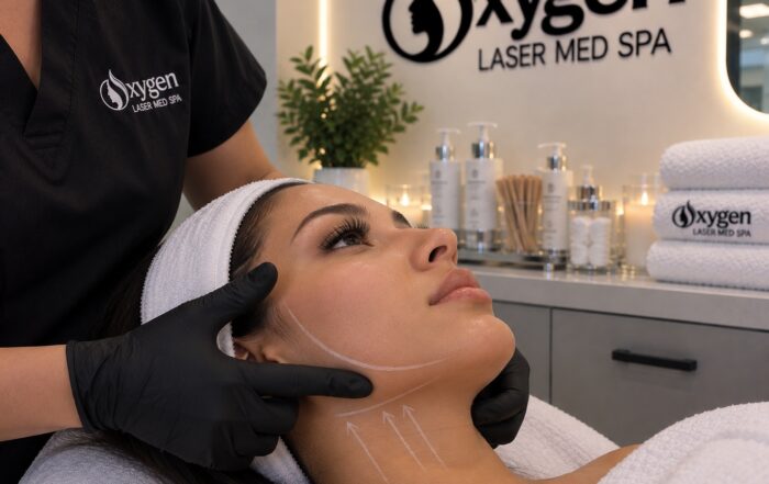 Skin tightening treatment assessment at Oxygen Med Spa, showing lift lines marked on a client's jawline and neck