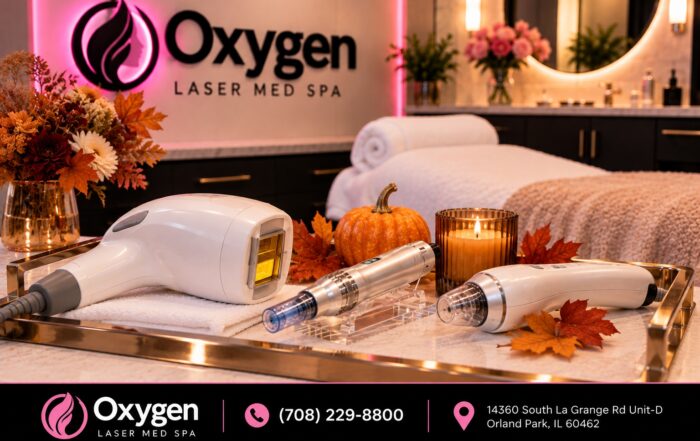 Fall-themed skincare device display at Oxygen Med Spa in Orland Park with a pumpkin and autumn leaves