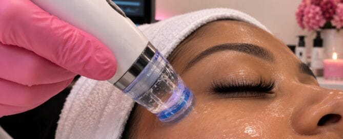 HydraFacial treatment being performed on a client's cheek at Oxygen Med Spa in Orland Park, showing the device's vortex tip with visible serum