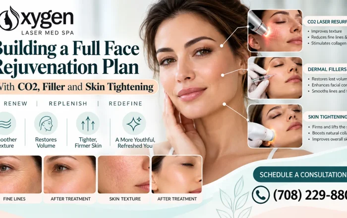 Oxygen Laser Med Spa full face rejuvenation treatment featuring CO2 laser resurfacing, dermal fillers, and skin tightening for smoother, firmer-looking skin.