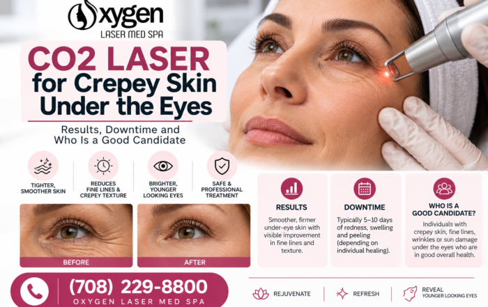 CO2 laser treatment for crepey under-eye skin at Oxygen Laser Med Spa, highlighting skin texture improvement, fine lines, treatment downtime, and candidate suitability.
