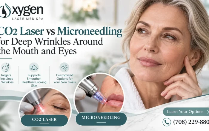 Oxygen Laser Med Spa promotional graphic comparing CO2 laser resurfacing and microneedling for deep wrinkles around the mouth and eyes, featuring skincare treatment images, a mature woman, and contact number (708) 229-8800.