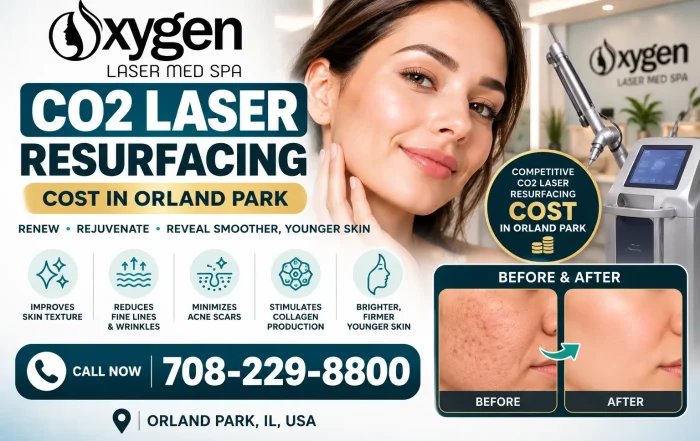 CO2 laser resurfacing cost in Orland Park at Oxygen Laser Med Spa, featuring a CO2 laser treatment device, skin rejuvenation benefits, and before-and-after results.