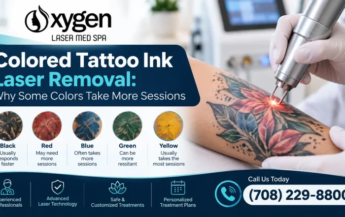 Oxygen Laser Med Spa colored tattoo ink laser removal treatment for black, red, blue, green, and yellow tattoos. Call (708) 229-8800.
