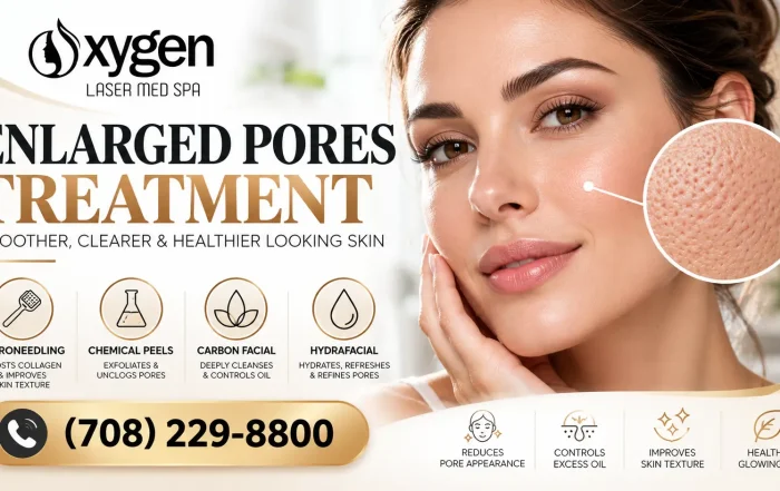Enlarged pores treatment at Oxygen Laser Med Spa featuring microneedling, chemical peels, carbon facials, and HydraFacial to improve the appearance of pores and skin texture. Call (708) 229-8800.