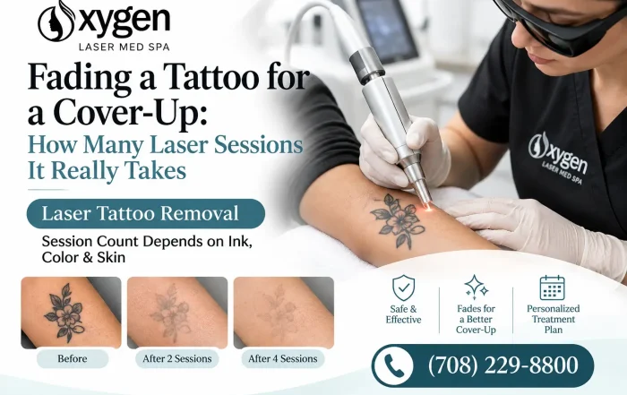Oxygen Laser Med Spa promotional banner about fading tattoos for cover-up designs, featuring a laser tattoo removal treatment, before-and-after tattoo fading examples, and information about laser session requirements. Contact number: (708) 229-8800.