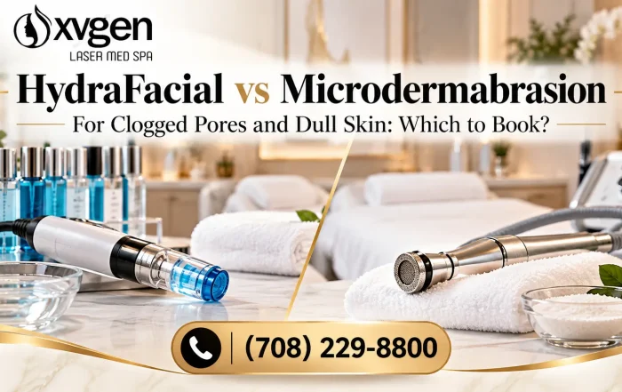 HydraFacial vs microdermabrasion treatment comparison at Oxygen Laser Med Spa, highlighting skincare devices for clogged pores, dull skin and exfoliation. Call (708) 229-8800.