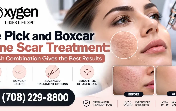 Oxygen Laser Med Spa acne scar treatment banner featuring ice pick and boxcar acne scars, advanced treatment options, facial skin close-ups, and before-and-after imagery. Call (708) 229-8800.