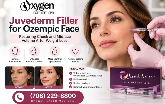 Juvederm filler for Ozempic face at Oxygen Laser Med Spa, illustrating cheek and midface volume restoration after weight loss.