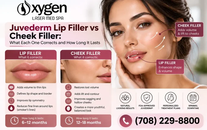 Juvederm lip filler vs cheek filler comparison infographic by Oxygen Laser Med Spa, highlighting lip enhancement, cheek volume restoration, and treatment duration.