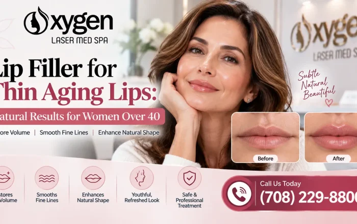 Oxygen Laser Med Spa lip filler for thin aging lips, featuring natural-looking lip enhancement for women over 40. Call (708) 229-8800.