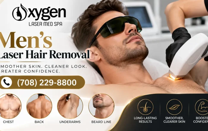 Men’s laser hair removal at Oxygen Laser Med Spa, featuring a professional laser treatment and options for chest, back, underarms, and beard line. Call (708) 229-8800.