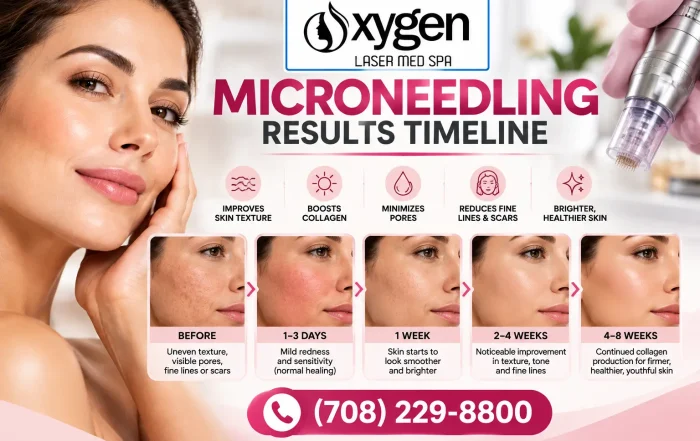 Oxygen Laser Med Spa microneedling results timeline infographic showing expected skin changes from before treatment through 4–8 weeks after treatment