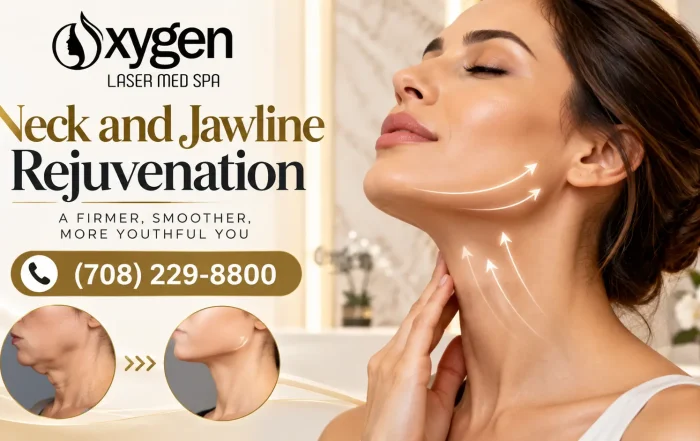 Neck and jawline rejuvenation at Oxygen Laser Med Spa, featuring a skincare treatment visual and contact number (708) 229-8800.