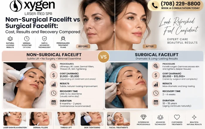 Oxygen Laser Med Spa infographic comparing non-surgical and surgical facelifts, highlighting treatment options, average costs, expected results, recovery times, and longevity. Call (708) 229-8800 for a consultation.