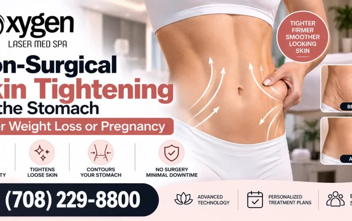 Oxygen Laser Med Spa promotional banner for non-surgical stomach skin tightening after weight loss or pregnancy, featuring abdominal skin contouring visuals, before-and-after images, treatment benefits, and contact number (708) 229-8800.