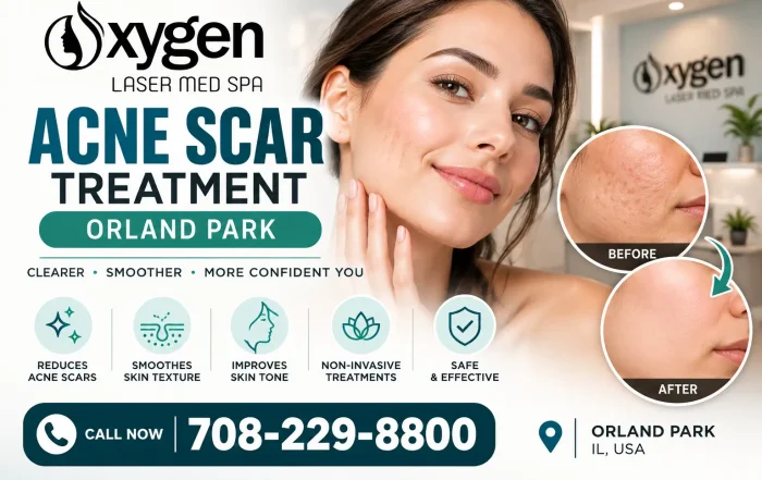 Acne scar treatment in Orland Park at Oxygen Laser Med Spa, featuring professional laser skin resurfacing, smoother skin results, and before-and-after acne scar treatment imagery.