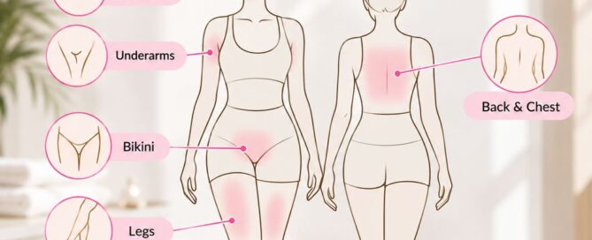 Illustrated front and back body outlines with pink highlighted laser hair removal areas: upper lip and chin, underarms, bikini, legs, and back and chest