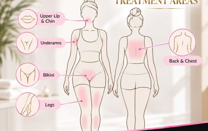 Illustrated front and back body outlines with pink highlighted laser hair removal areas: upper lip and chin, underarms, bikini, legs, and back and chest