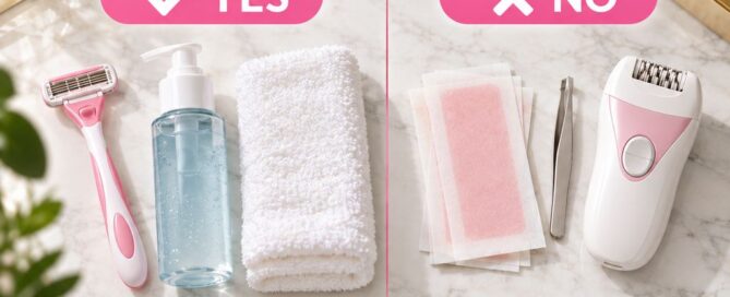Flat lay on a marble counter showing a razor, shaving gel and towel under a pink "Yes" check, and wax strips, tweezers and an epilator under a pink "No" X